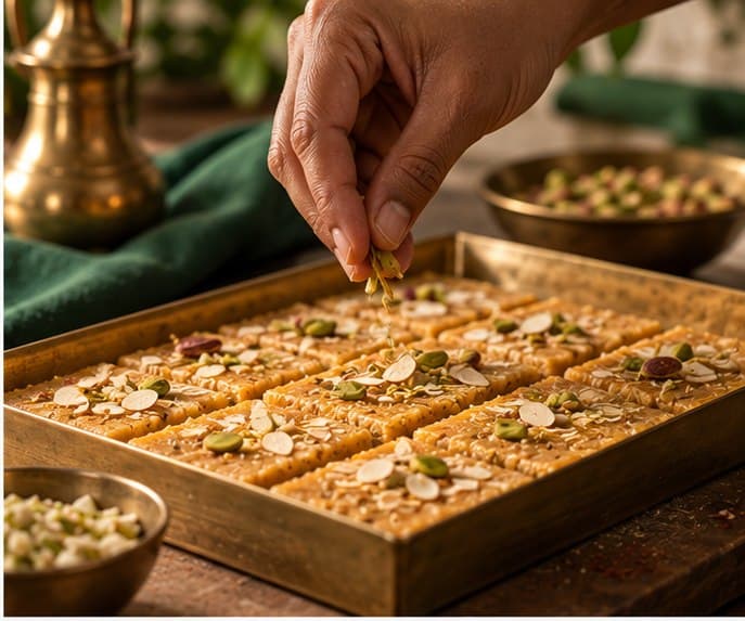 Hand garnishing a tray of papri with pistachios and almonds