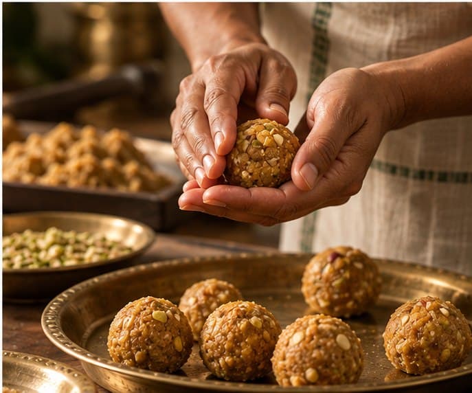 Hands shaping a ladoo by hand over a brass plate